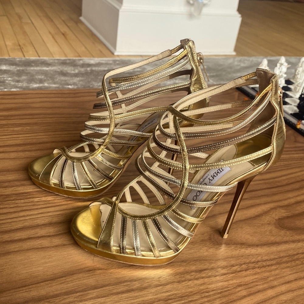 Fabulous 5” gold/silver platform sandals by Jimmy Choo used 1x for a charity!